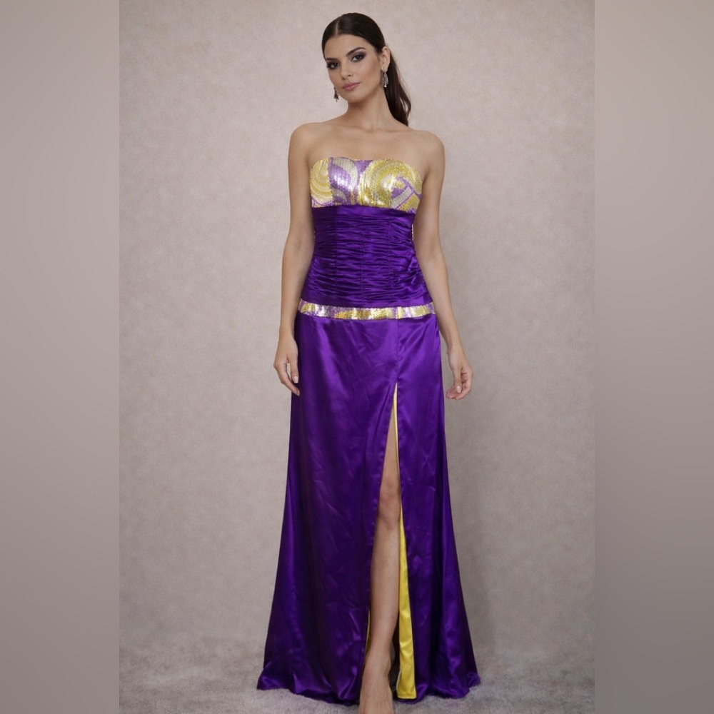 Cire purple and gold strapless gown.